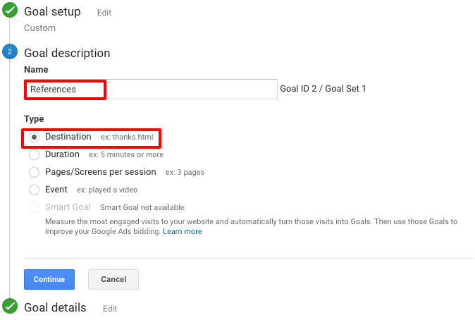 Goals in Google initial set up